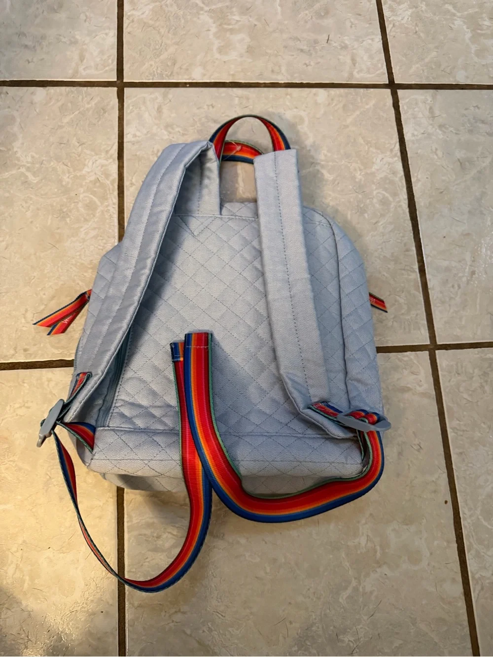 Vera Bradley Quilted Light Blue Backpack with Rainbow Straps and 'LOVE' Patches